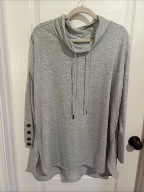Women’s Light Gray Cowl Neck Pullover Hoodie with Button Sleeve Detail